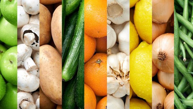 Montage of fruit and vegetables.