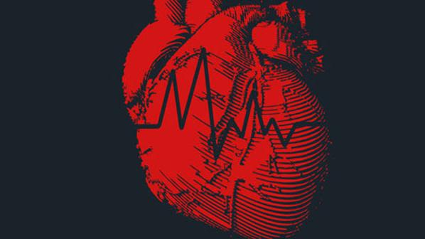 Image of a human heart with read-out from a heart rate monitor superimposed